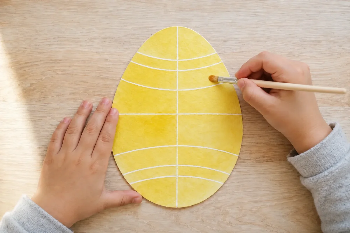 Étape 3 : lavis jaune transparent autour des réserves, pour « Œuf ukrainien en réserve à la cire sur papier ».
