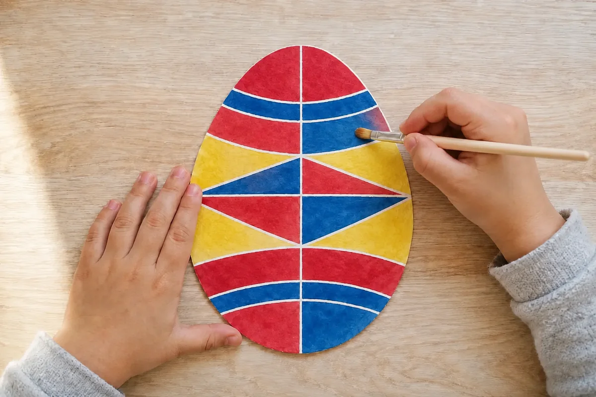 Étape 4 : motif multicouche rouge et bleu aux contours nets, pour « Œuf ukrainien en réserve à la cire sur papier ».