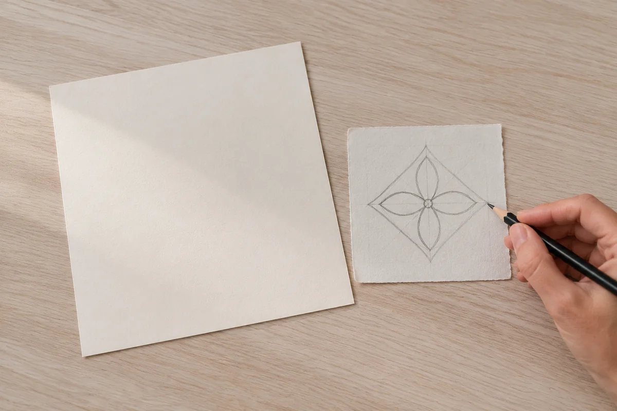 Étape 1 : module floral ou géométrique dessiné sur brouillon, pour « Motifs batik indonésiens sur papier ».