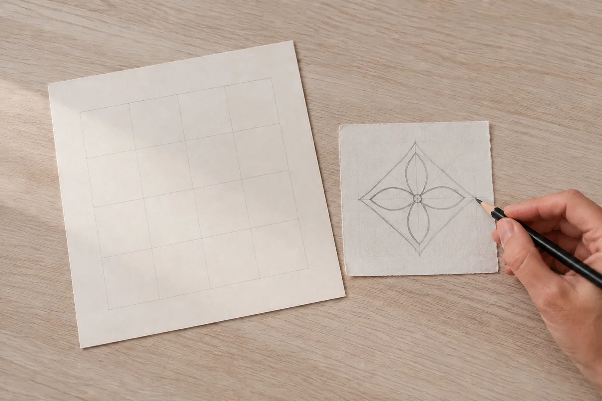 Étape 2 : grille légère laissant une marge régulière, pour « Motifs batik indonésiens sur papier ».