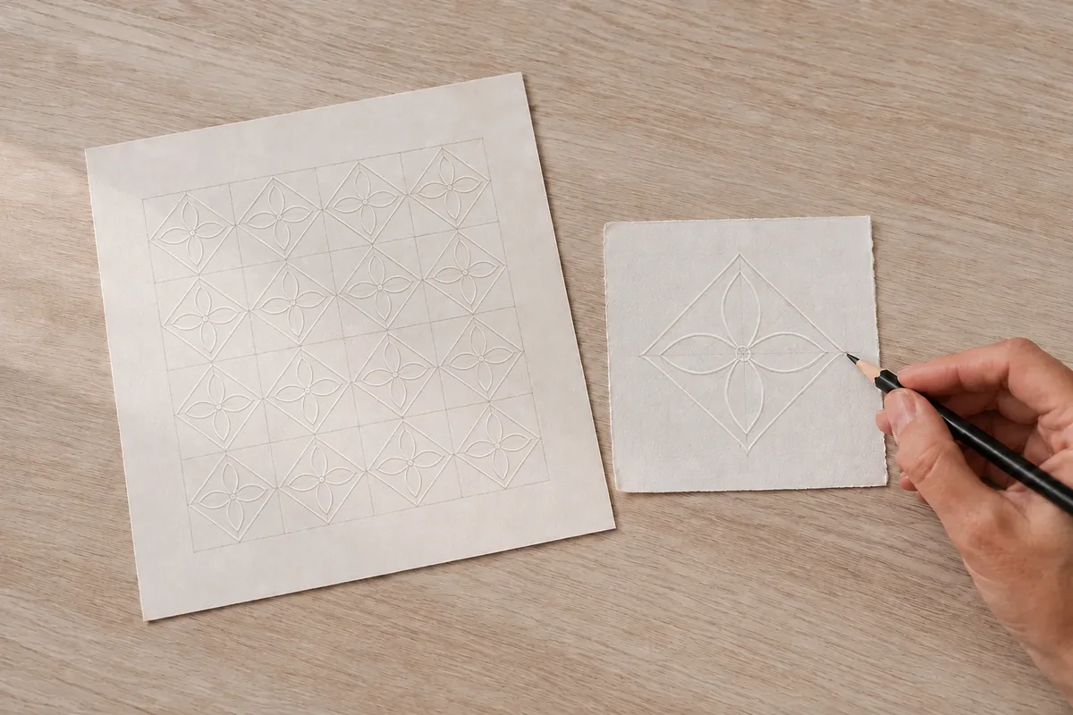 Étape 3 : lignes cireuses répétées sans interruption, pour « Motifs batik indonésiens sur papier ».