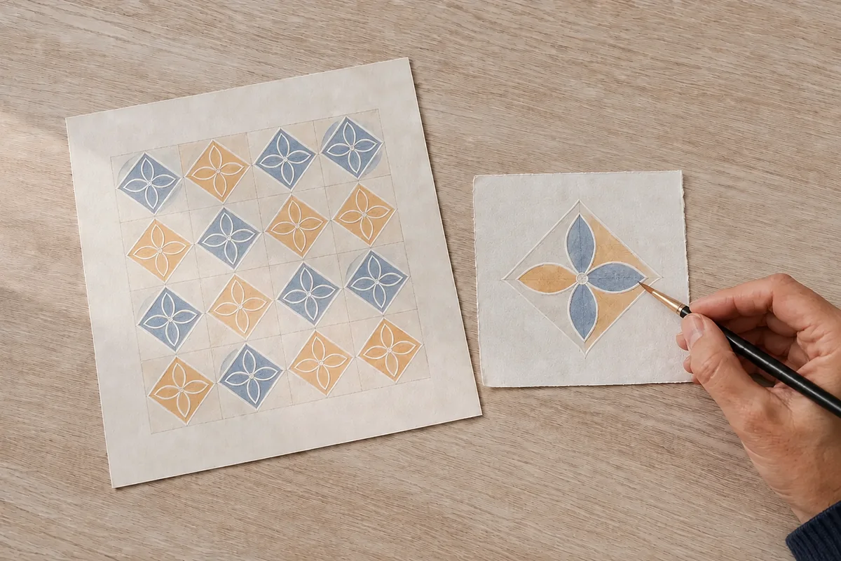 Étape 4 : couleurs transparentes arrêtées par la cire, pour « Motifs batik indonésiens sur papier ».