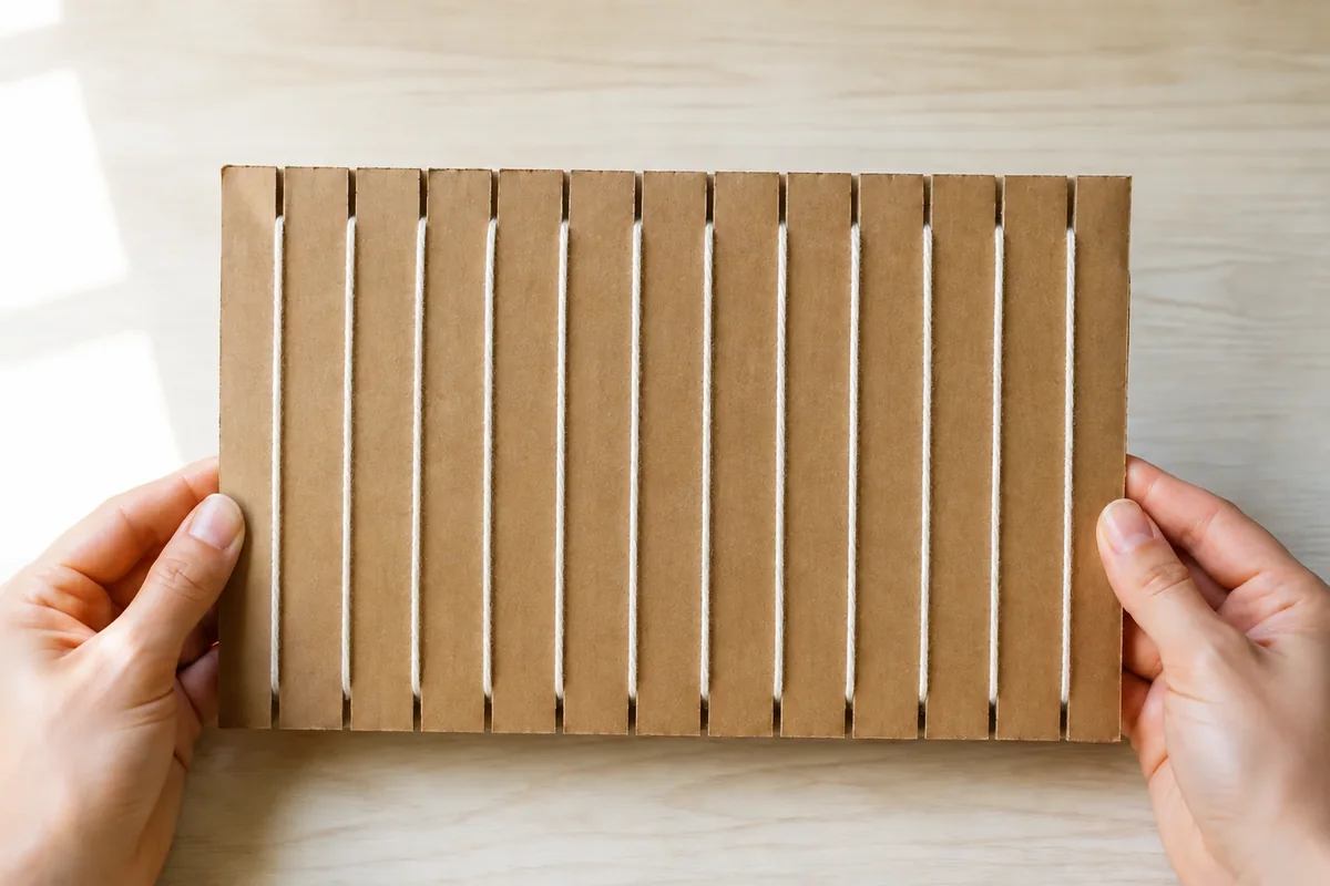 Étape 2 : fils de chaîne parallèles et tension modérée, pour « Mini-tapisserie sans aiguille sur métier en carton ».