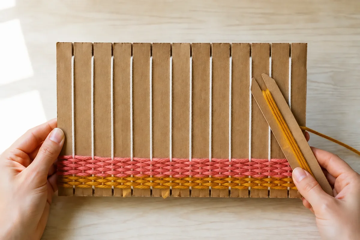 Étape 3 : premières lignes serrées avec navette plate, pour « Mini-tapisserie sans aiguille sur métier en carton ».