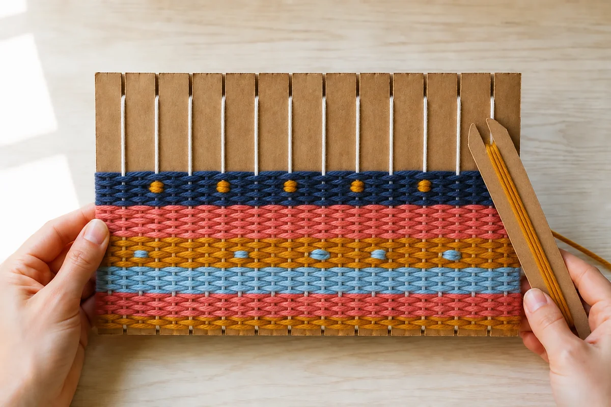 Étape 4 : motif de rayures et boucles courtes équilibré, pour « Mini-tapisserie sans aiguille sur métier en carton ».