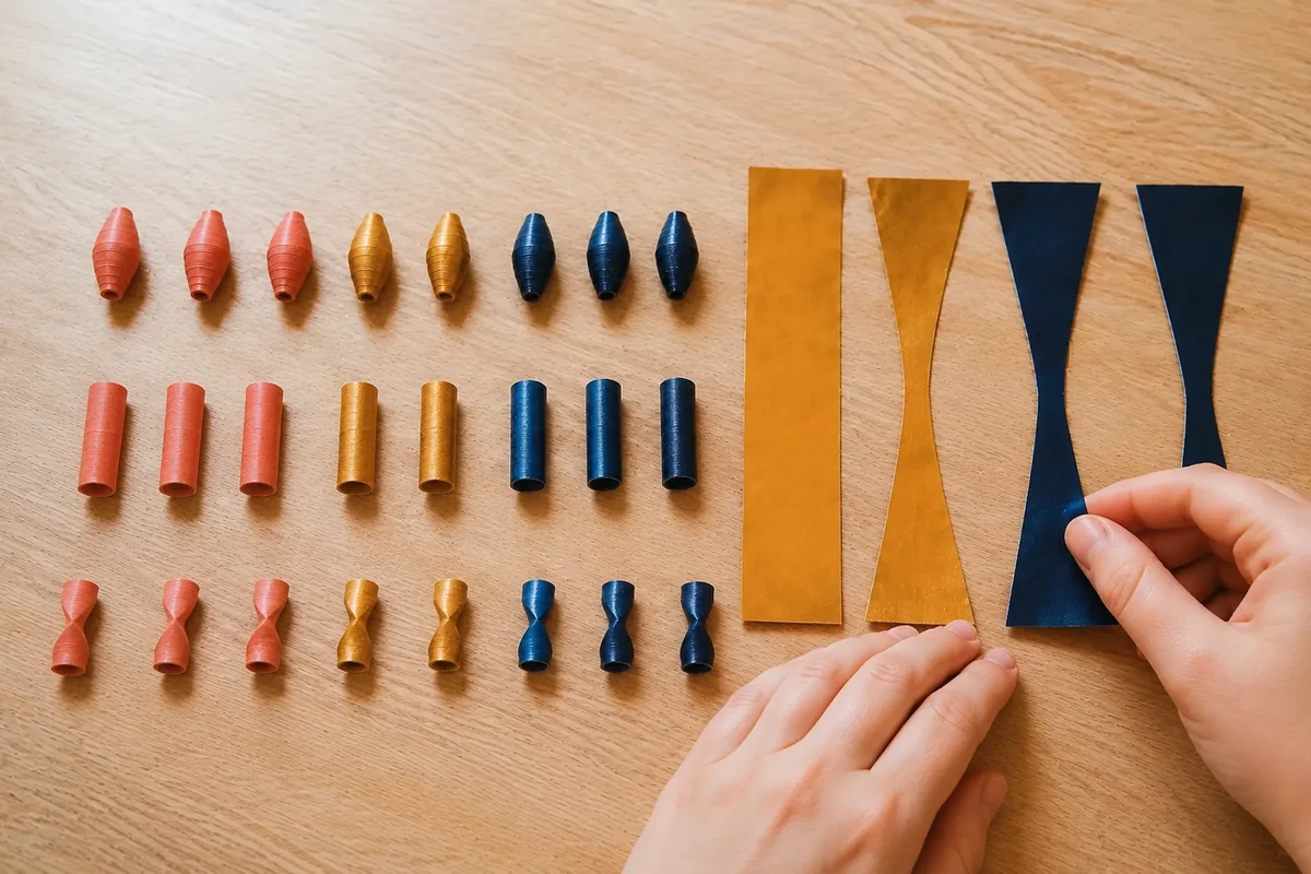 Étape 4 : trois profils secs classés par taille, pour « Bracelet de perles en papier de magazine ».