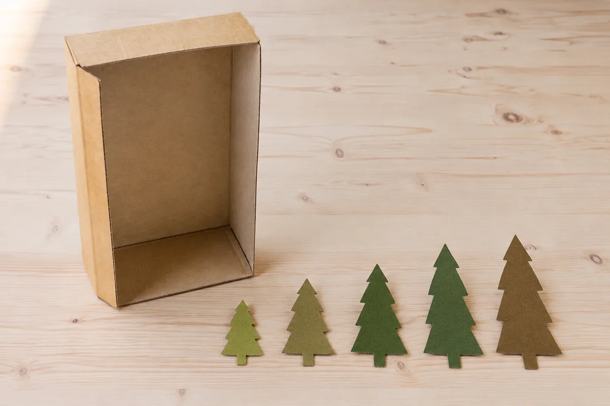Étape 2 : cinq silhouettes d’arbres classées par hauteur, pour « Book nook forêt dans une boîte de céréales ».