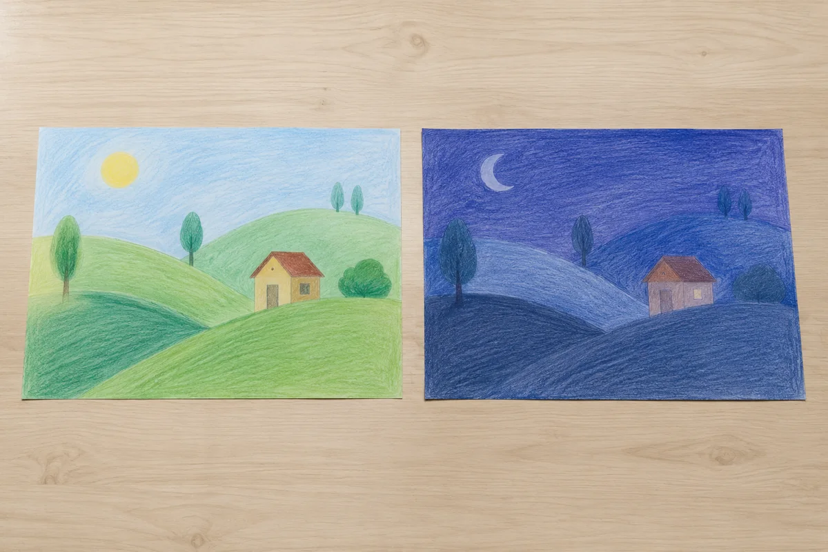 Étape 1 : paysages jour et nuit de mêmes dimensions, pour « Créer un agamographe jour et nuit qui change selon l'angle ».