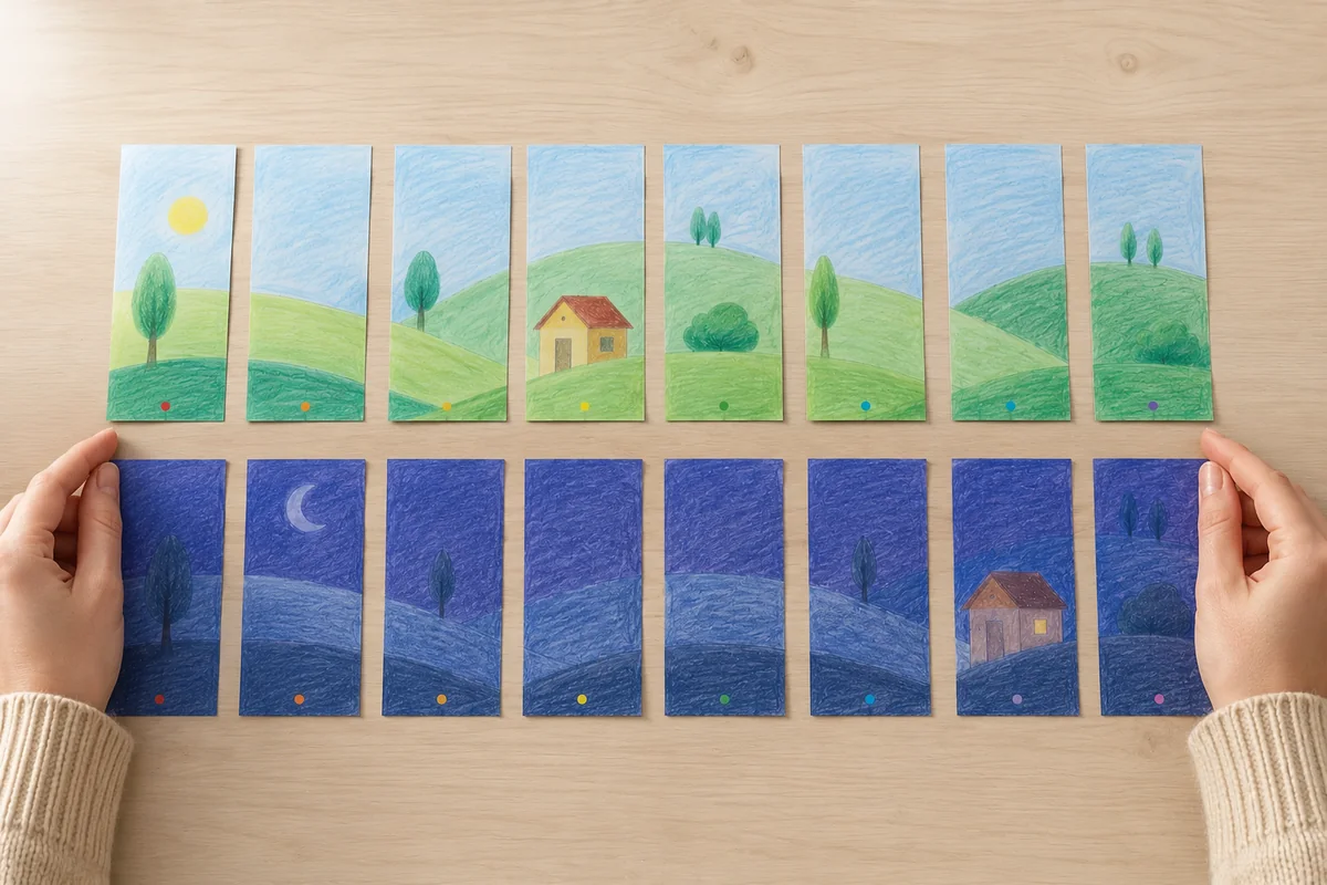 Étape 2 : bandes numérotées et coupées à largeur égale, pour « Créer un agamographe jour et nuit qui change selon l'angle ».