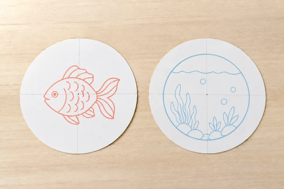 Étape 2 : poisson centré sur une face et aquarium sur l’autre, pour « Fabriquer un thaumatrope poisson-aquarium sans ficelle ».