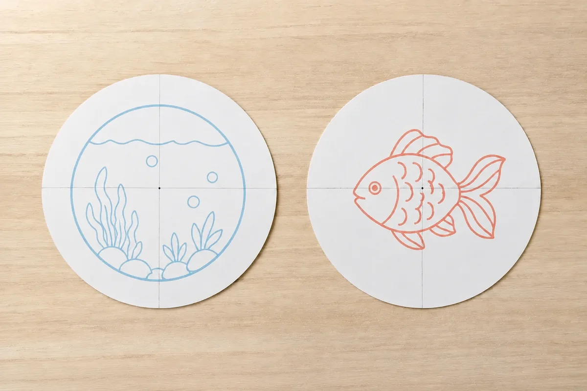 Étape 3 : dessins opposés mais orientés selon le même axe, pour « Fabriquer un thaumatrope poisson-aquarium sans ficelle ».