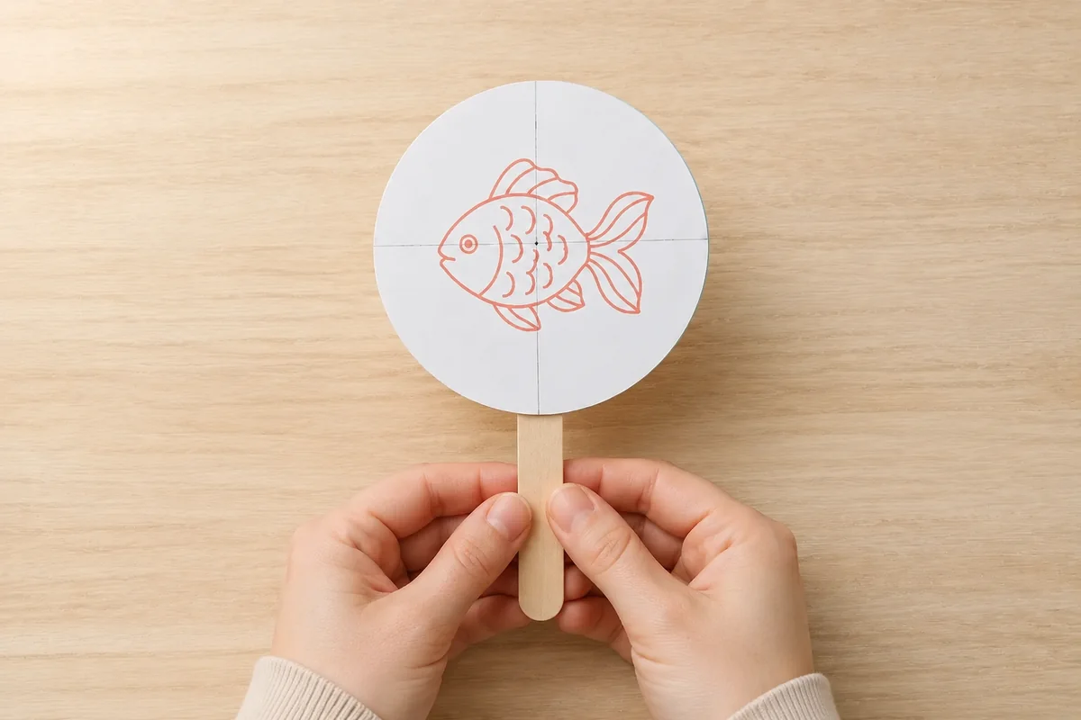 Étape 4 : disque double collé autour du bâtonnet poncé, pour « Fabriquer un thaumatrope poisson-aquarium sans ficelle ».