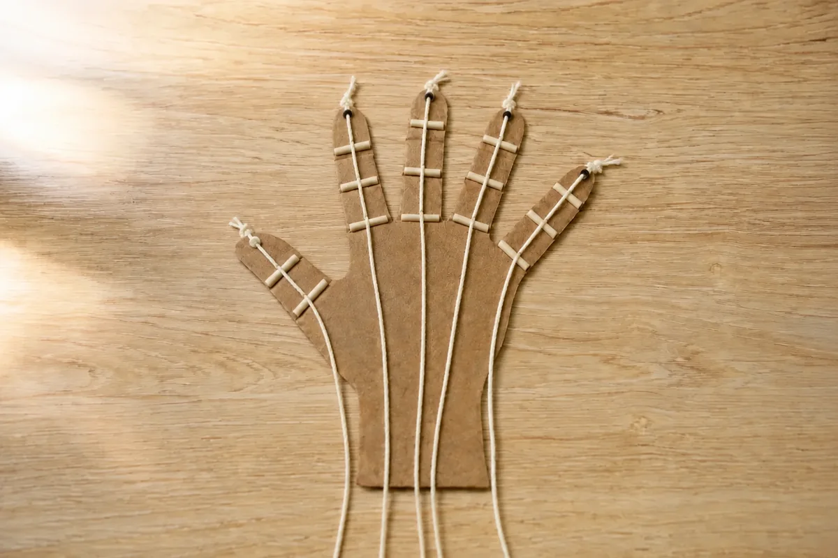 Étape 4 : cinq ficelles traversant leurs guides et nouées aux bouts, pour « Fabriquer une main mécanique en carton actionnée par des pailles ».