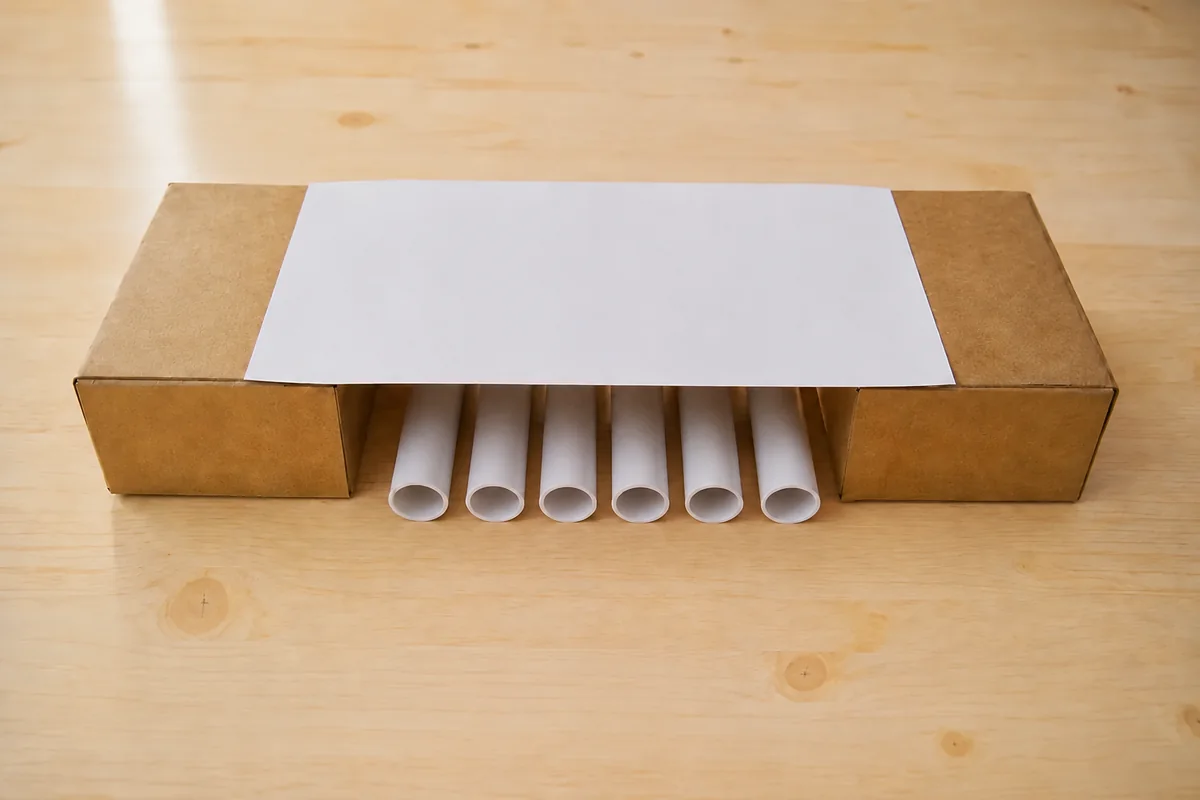 Étape 4 : pont renforcé centré sur deux supports identiques, pour « Construire un pont solide avec des tubes de papier roulé ».