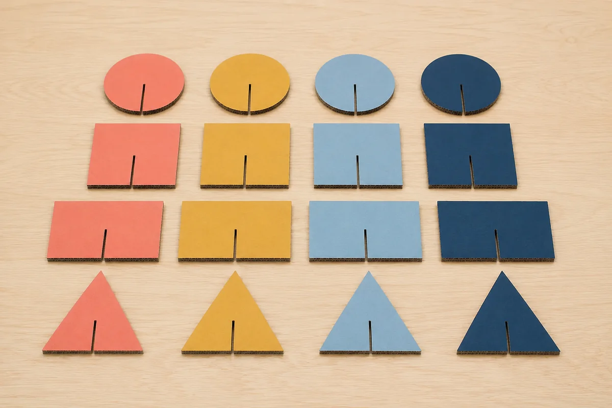 Étape 3 : jeu complet aux encoches préparées par l’adulte, pour « Créer un kit de construction en carton emboîtable sans colle ».