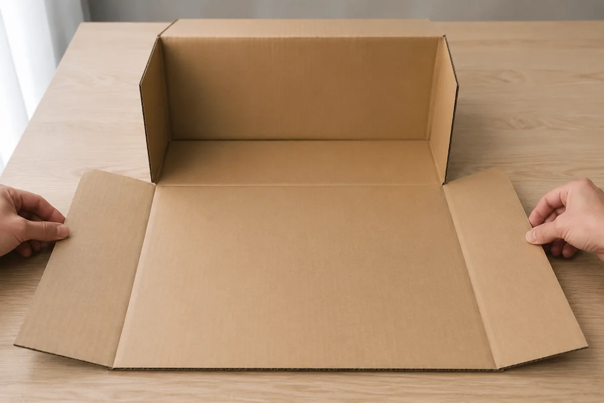 Étape 1 : boîte couchée avec piste ouverte par l’adulte, pour « Fabriquer un mini jeu de skee-ball en carton ».