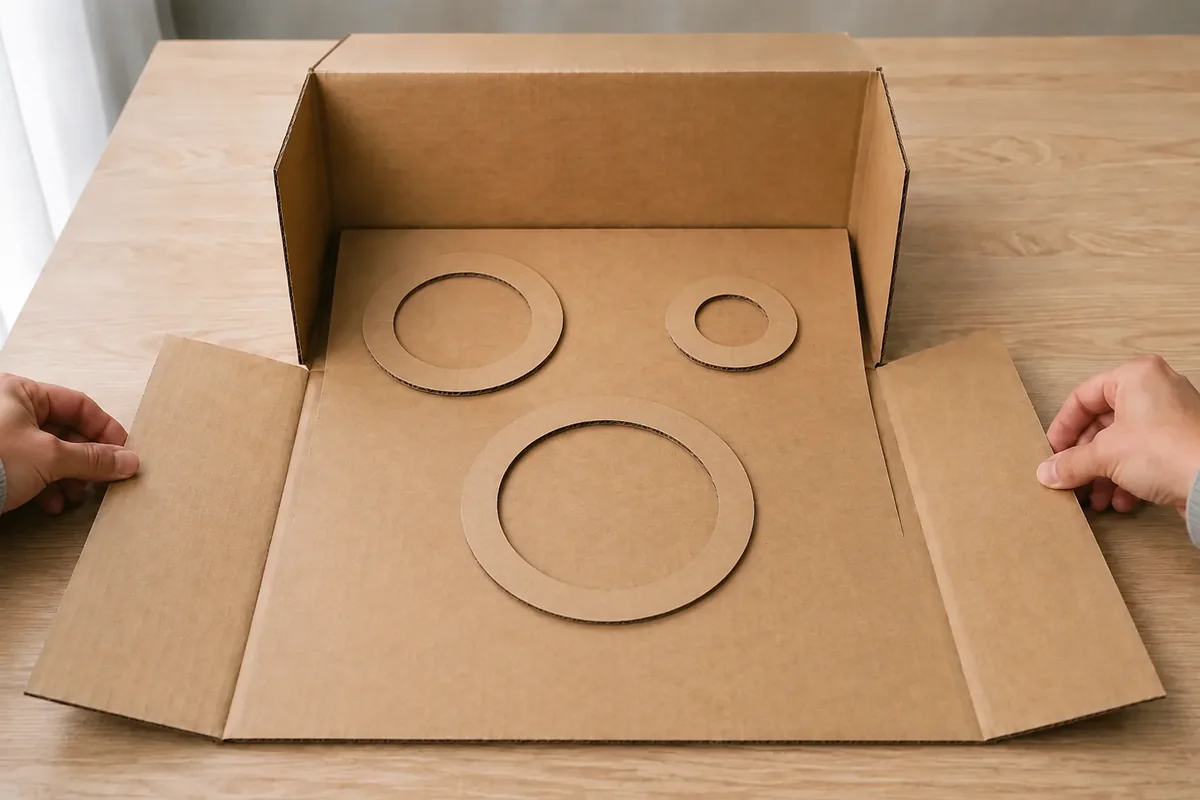 Étape 3 : trois anneaux croissants fixés au fond, pour « Fabriquer un mini jeu de skee-ball en carton ».