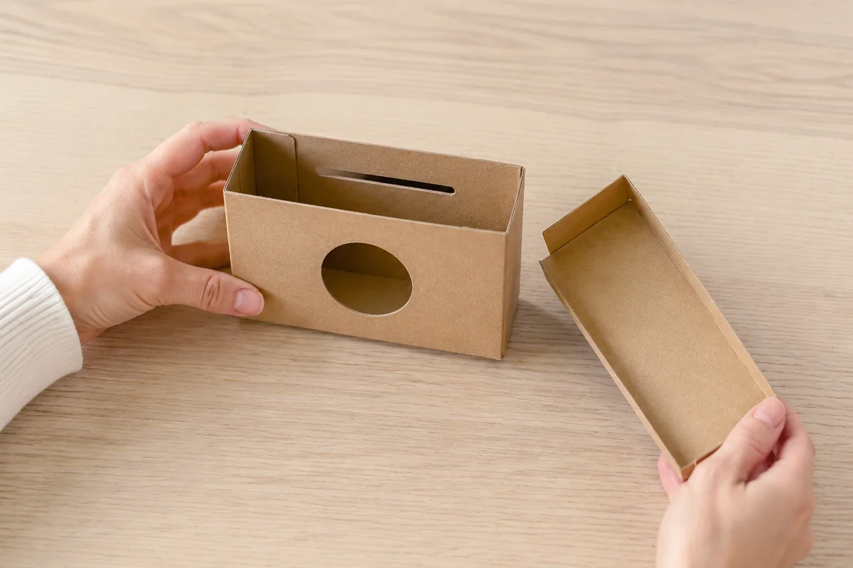 Étape 1 : boîte rigide ouverte par l’adulte avec fente supérieure, pour « Fabriquer un appareil photo en carton avec objectif tournant ».