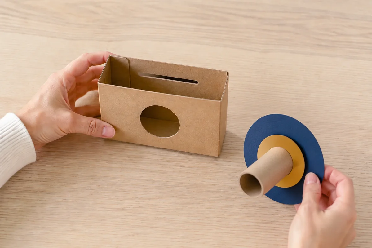 Étape 2 : deux disques concentriques autour du rouleau, pour « Fabriquer un appareil photo en carton avec objectif tournant ».