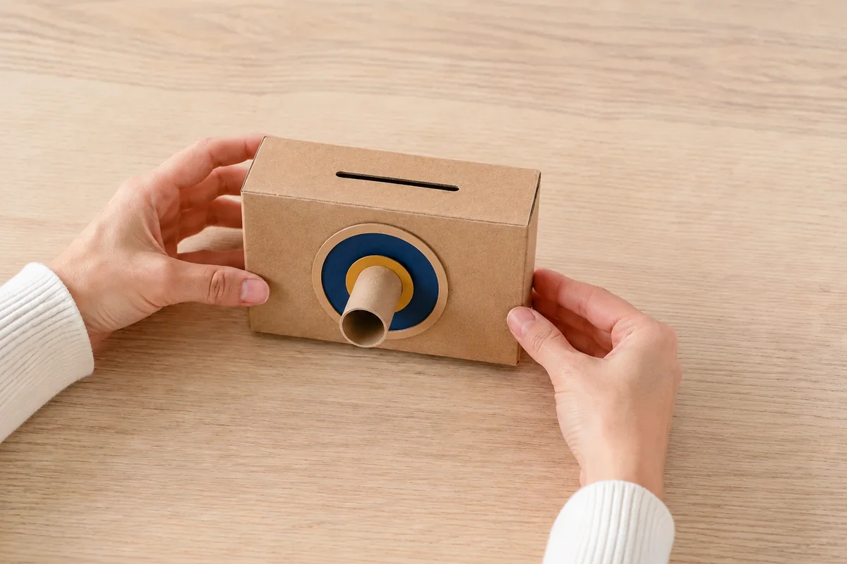 Étape 3 : objectif captif tournant sans pointe métallique, pour « Fabriquer un appareil photo en carton avec objectif tournant ».