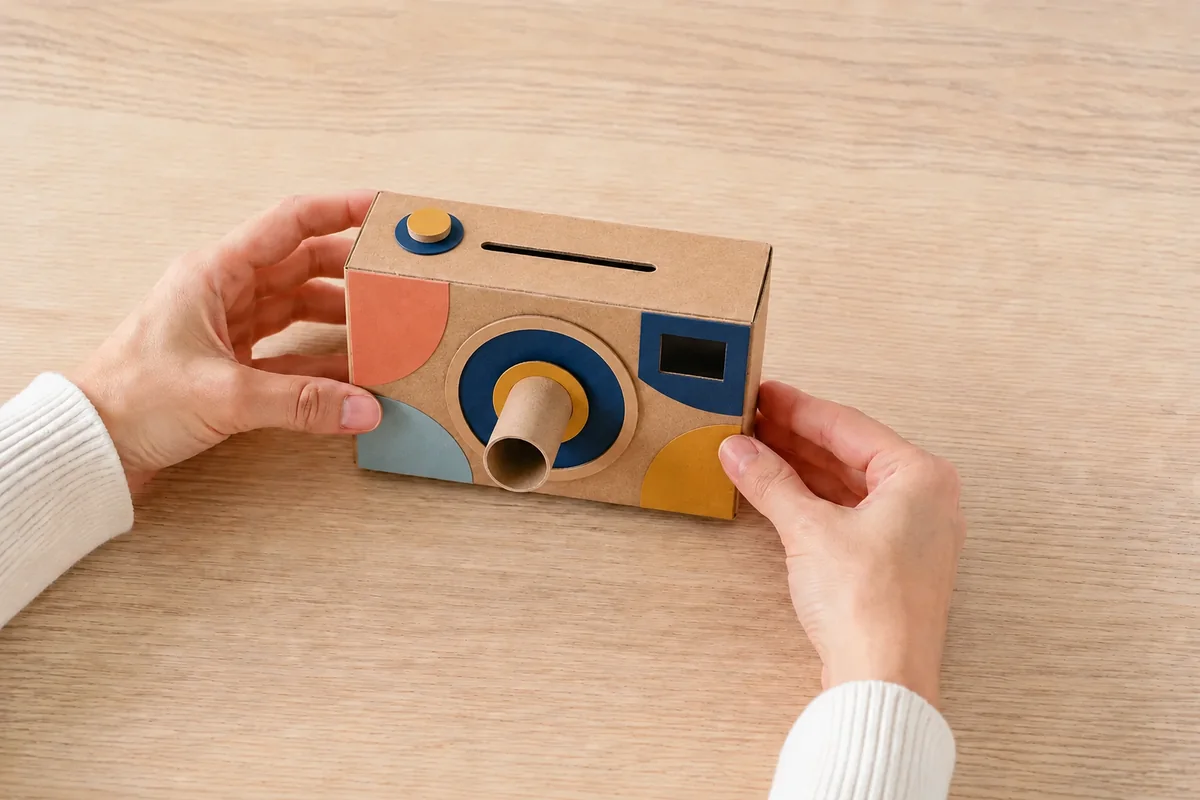 Étape 4 : boîtier décoré aux ouvertures dégagées, pour « Fabriquer un appareil photo en carton avec objectif tournant ».
