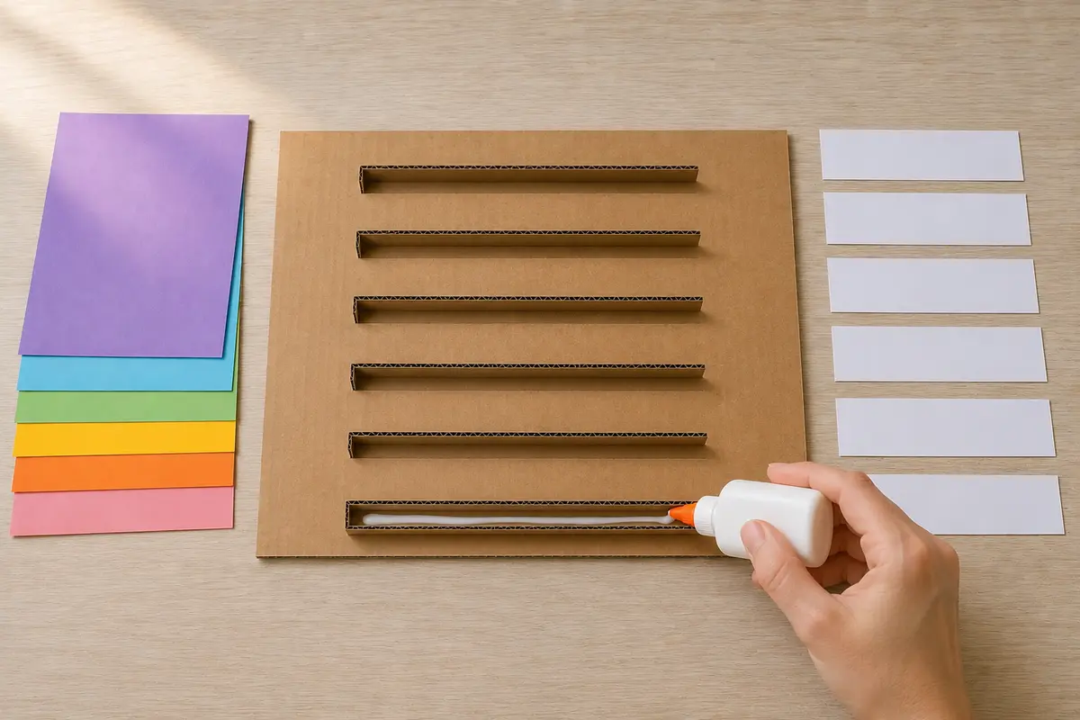 Étape 3 : six couloirs séparés en carton fin, pour « Construire un distributeur de messages positifs à languettes ».