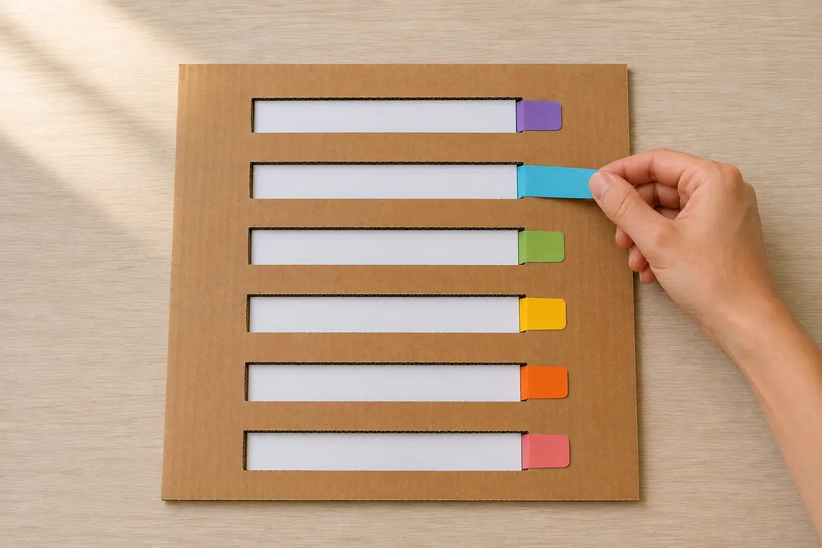 Étape 4 : bandes captives avec prise colorée visible, pour « Construire un distributeur de messages positifs à languettes ».