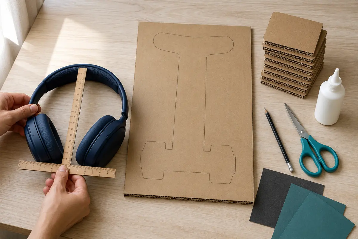 Étape 1 : gabarit du casque avec hauteur et largeur relevées, pour « Créer un support de casque audio en carton renforcé ».