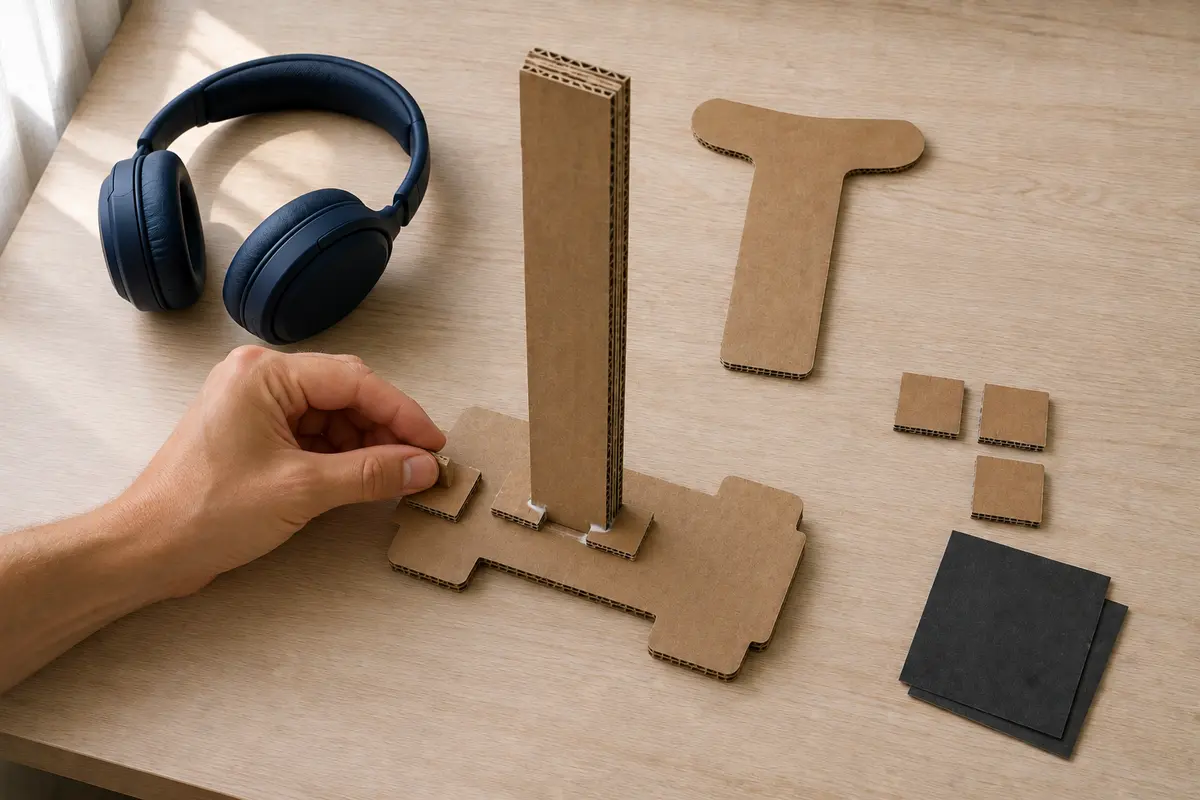 Étape 3 : colonne multicouche emboîtée au centre, pour « Créer un support de casque audio en carton renforcé ».