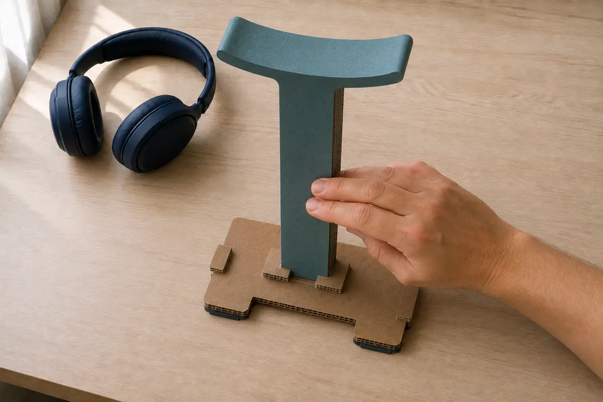 Étape 4 : appui courbe large qui ne pince pas l’arceau, pour « Créer un support de casque audio en carton renforcé ».