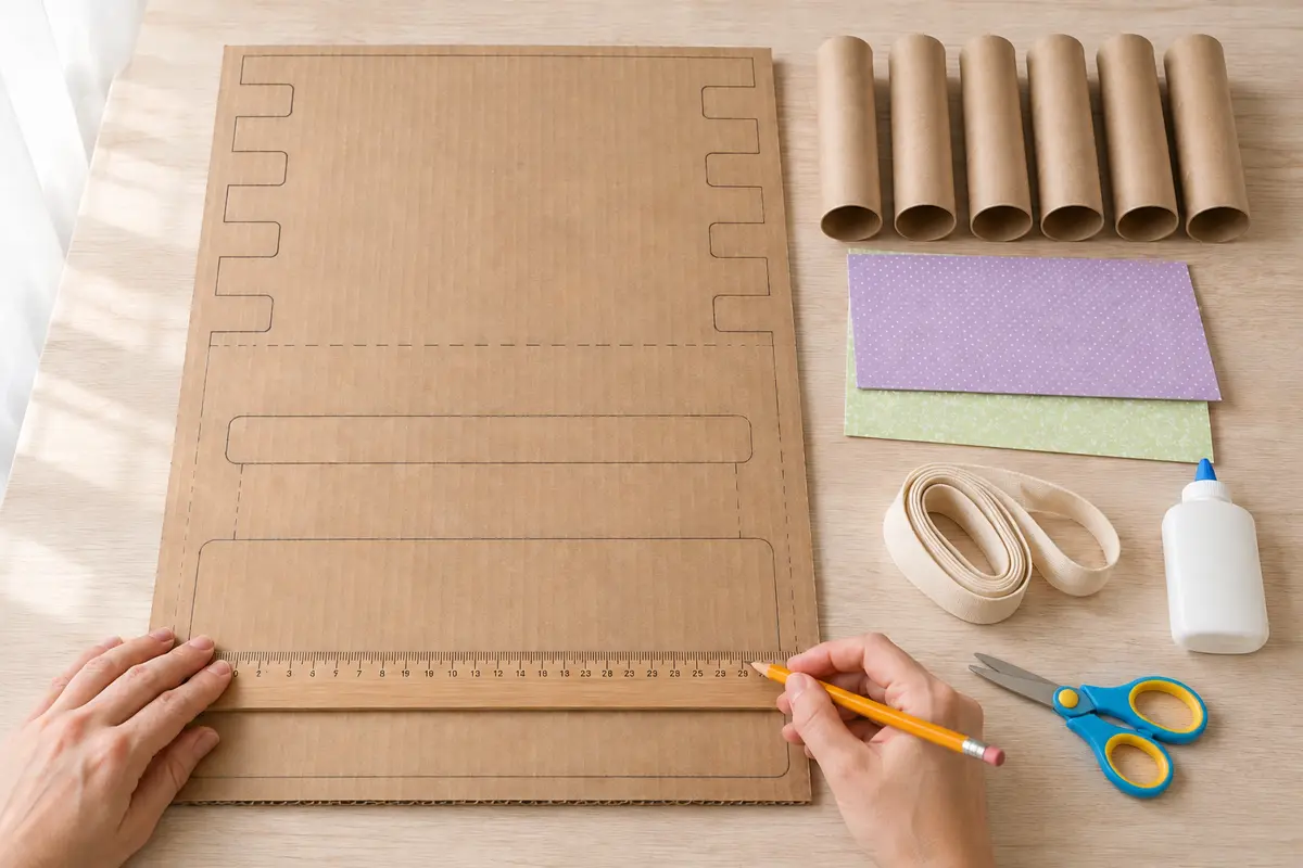 Étape 1 : plan du panneau avec zones distinctes, pour « Fabriquer un organisateur mural pour colliers et bracelets ».