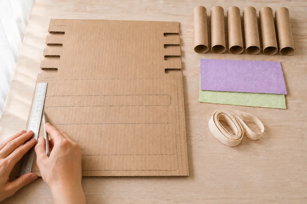 Étape 3 : fentes larges ouvertes par l’adulte sur le bord, pour « Fabriquer un organisateur mural pour colliers et bracelets ».