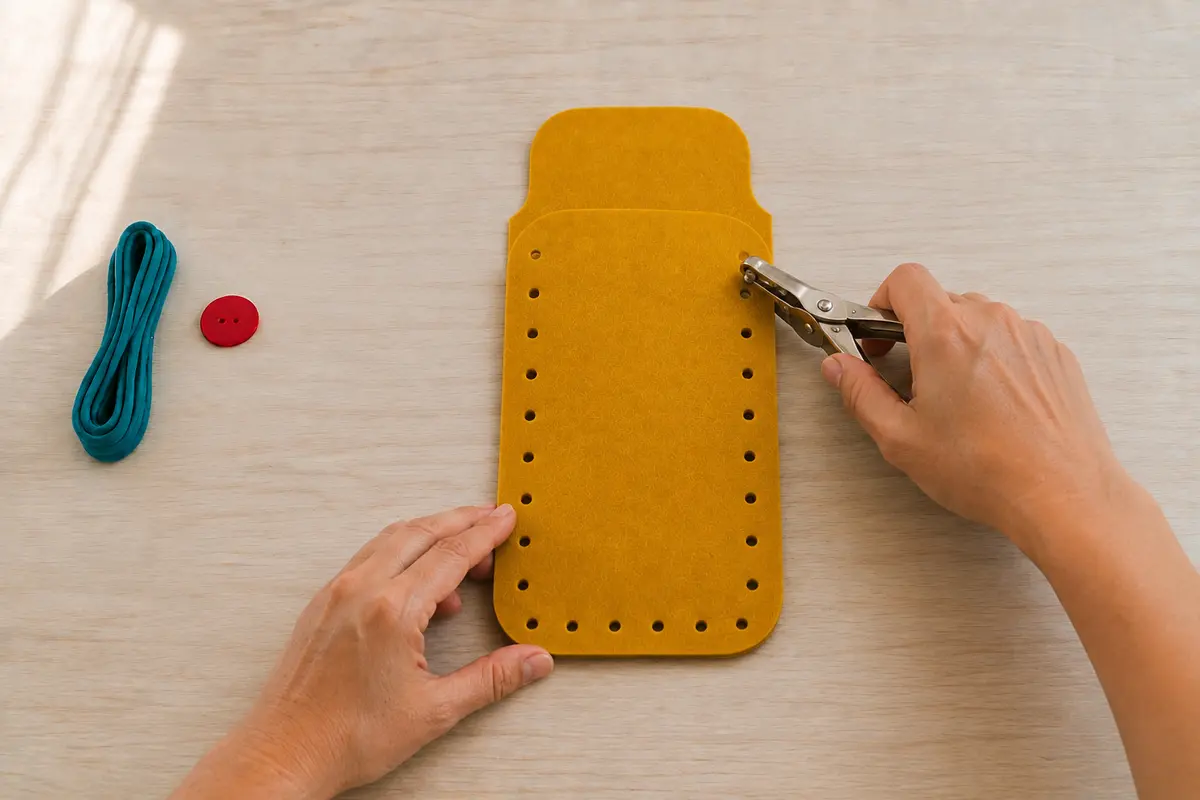 Étape 3 : trous réguliers préparés loin des bords, pour « Créer une trousse en feutrine sans couture avec un laçage ».