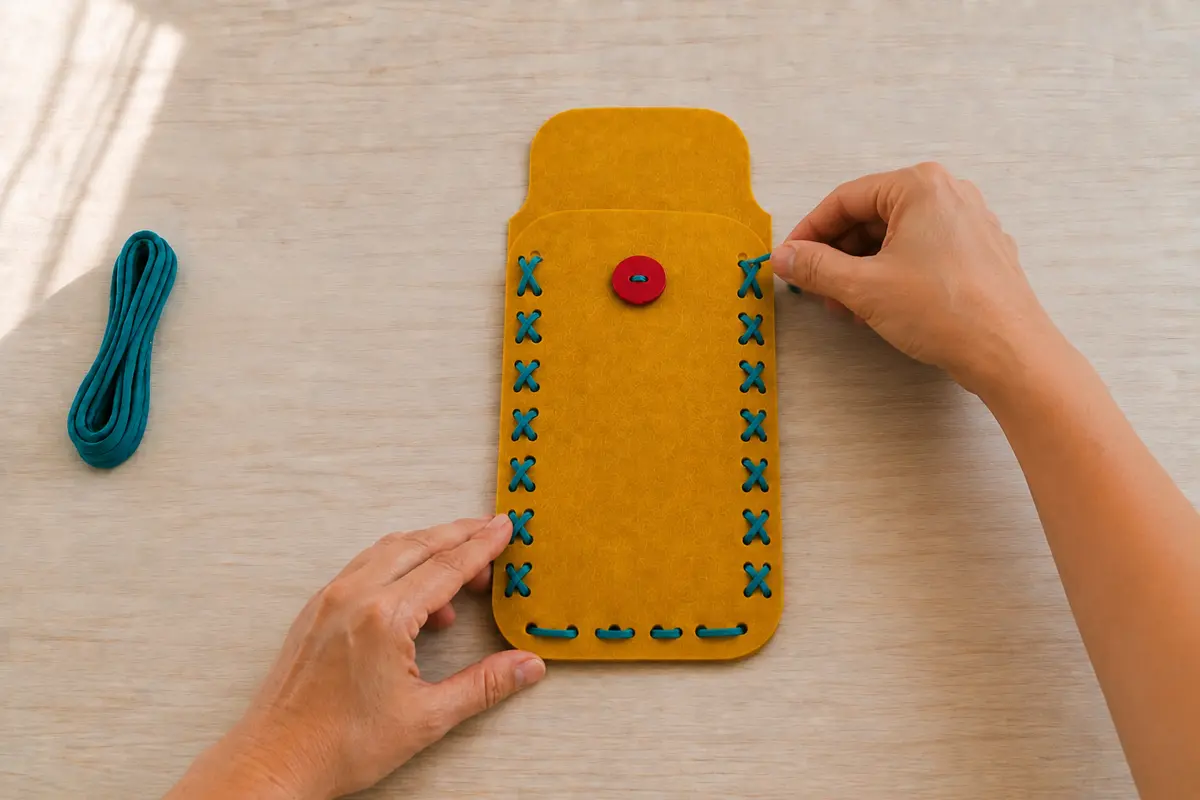 Étape 4 : cordon plat croisé sur les côtés, pour « Créer une trousse en feutrine sans couture avec un laçage ».