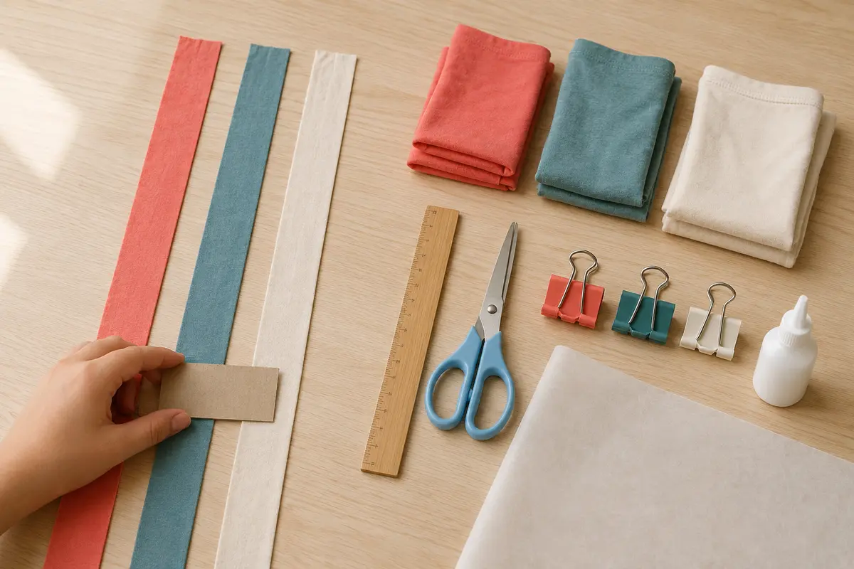 Étape 1 : trois rubans de jersey de largeur égale, pour « Tresser un sous-verre avec des bandes de vieux tee-shirt ».