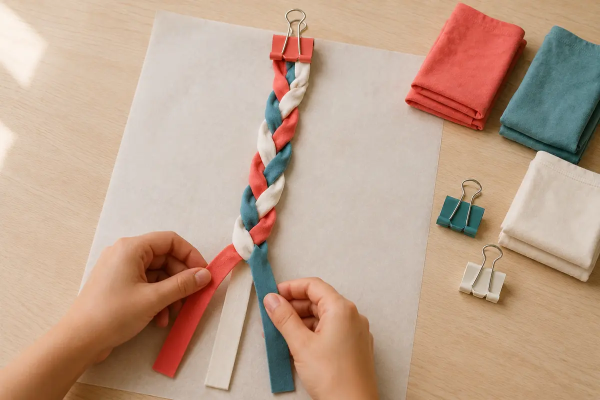 Étape 2 : tresse souple sans torsion ni nœud épais, pour « Tresser un sous-verre avec des bandes de vieux tee-shirt ».