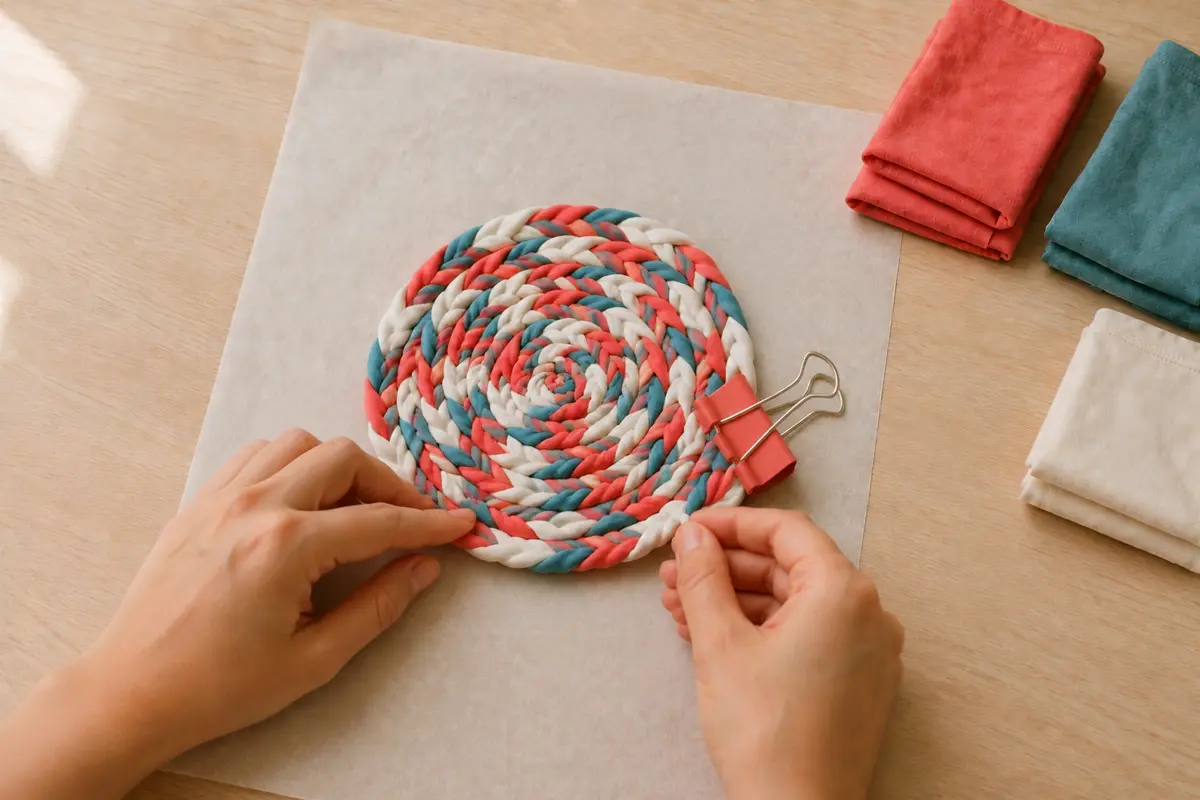 Étape 4 : spirale complète aux tours jointifs, pour « Tresser un sous-verre avec des bandes de vieux tee-shirt ».