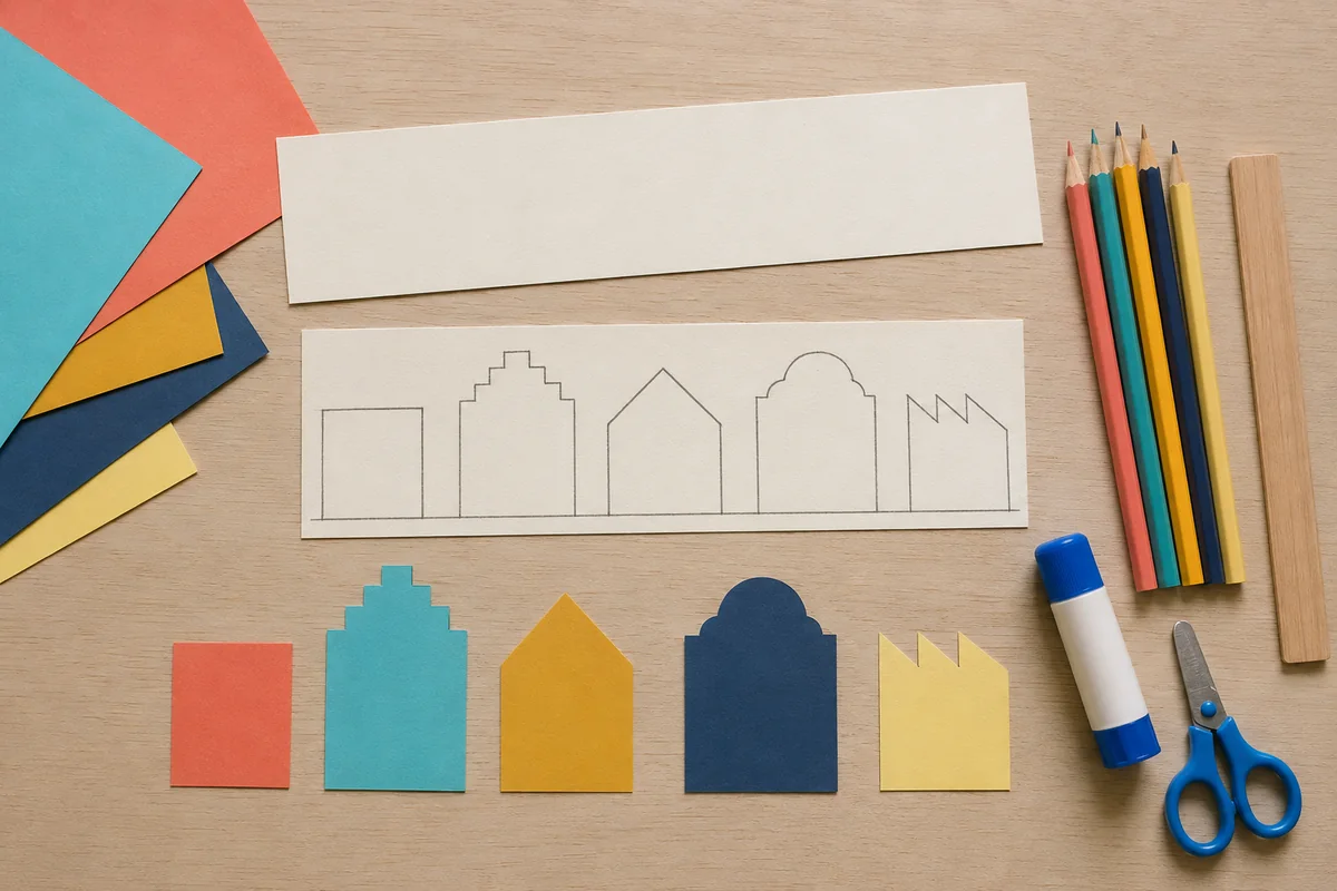 Étape 1 : silhouette continue de cinq bâtiments sur brouillon, pour « Créer une ville accordéon recto-verso en papier ».