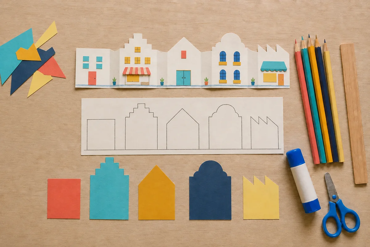 Étape 3 : façades diurnes avec fenêtres et commerces plats, pour « Créer une ville accordéon recto-verso en papier ».