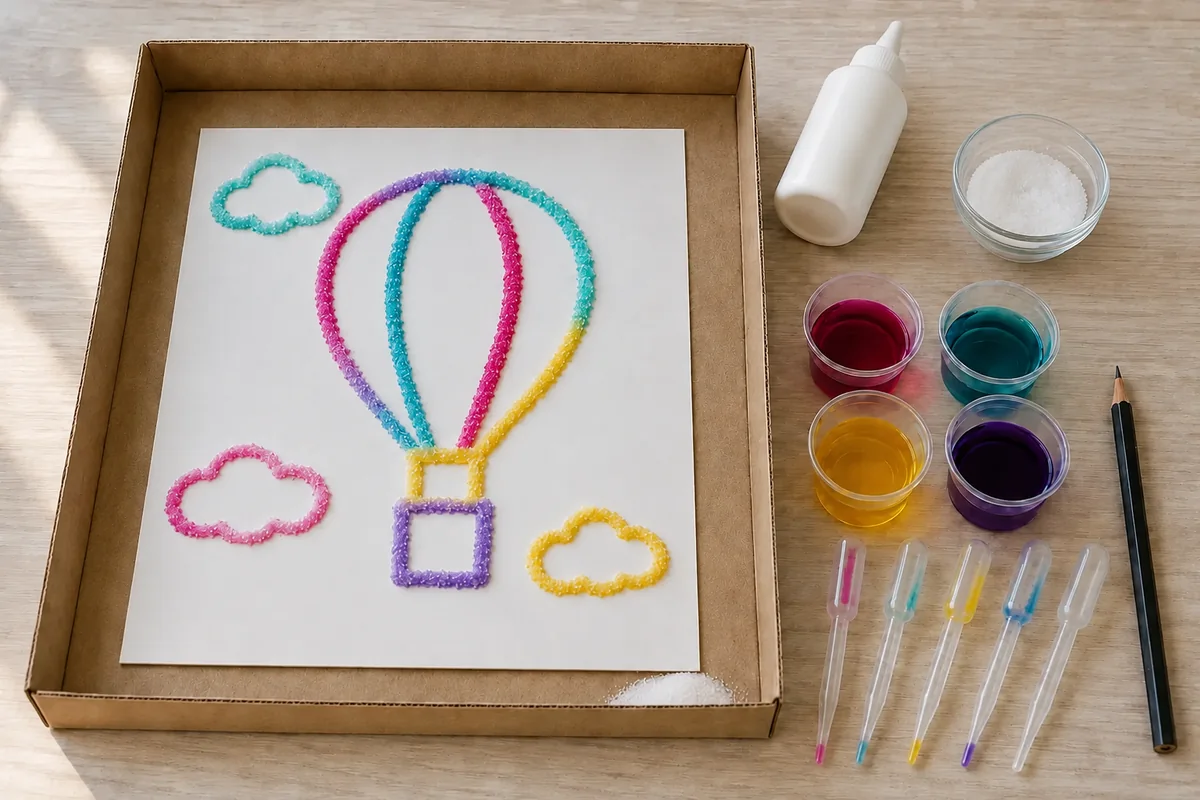Étape 4 : couleurs diffusées dans le sel sans flaques, pour « Peindre un tableau en relief avec du sel et de la colle ».