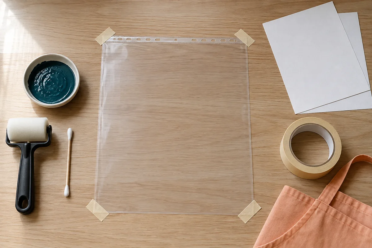 Étape 1 : pochette immobile aux coins fixés, pour « Réaliser un monotype propre sur une pochette transparente ».