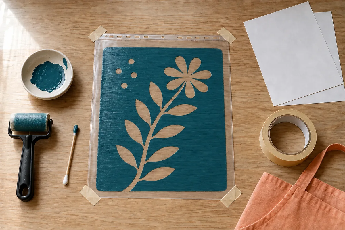 Étape 3 : motif clair dessiné dans la peinture humide, pour « Réaliser un monotype propre sur une pochette transparente ».