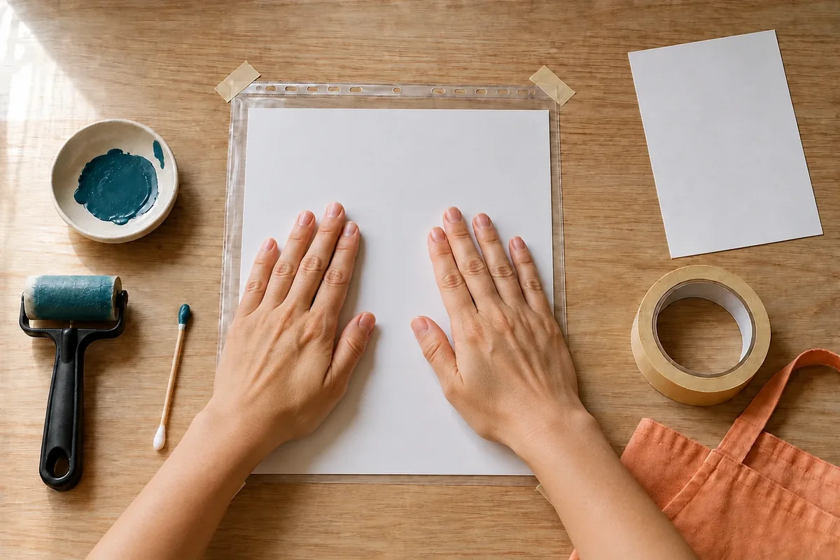 Étape 4 : feuille posée une fois et lissée sans glisser, pour « Réaliser un monotype propre sur une pochette transparente ».