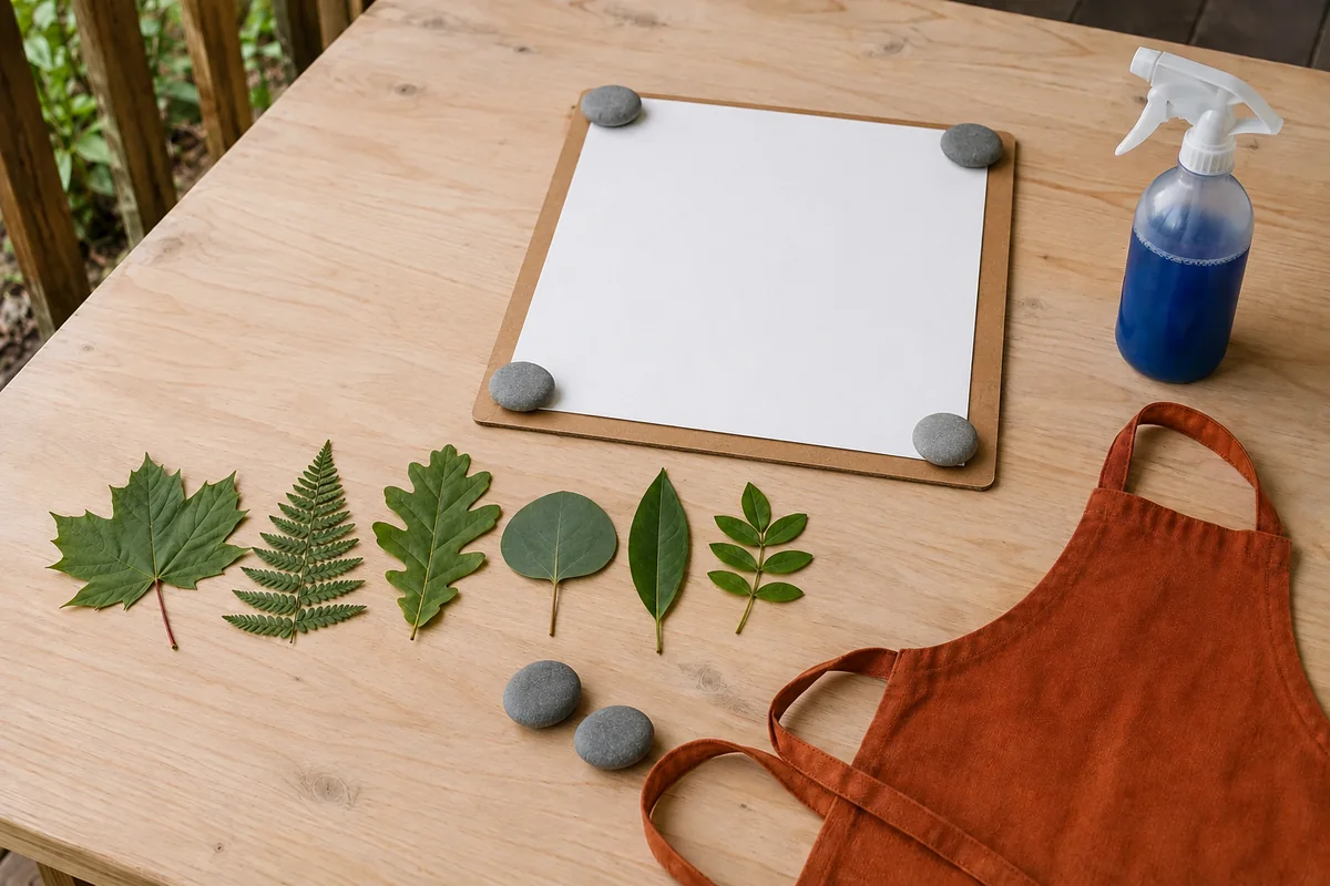 Étape 2 : papier fixé sur carton au sol ou sur table basse, pour « Imprimer des silhouettes de feuilles au vaporisateur ».