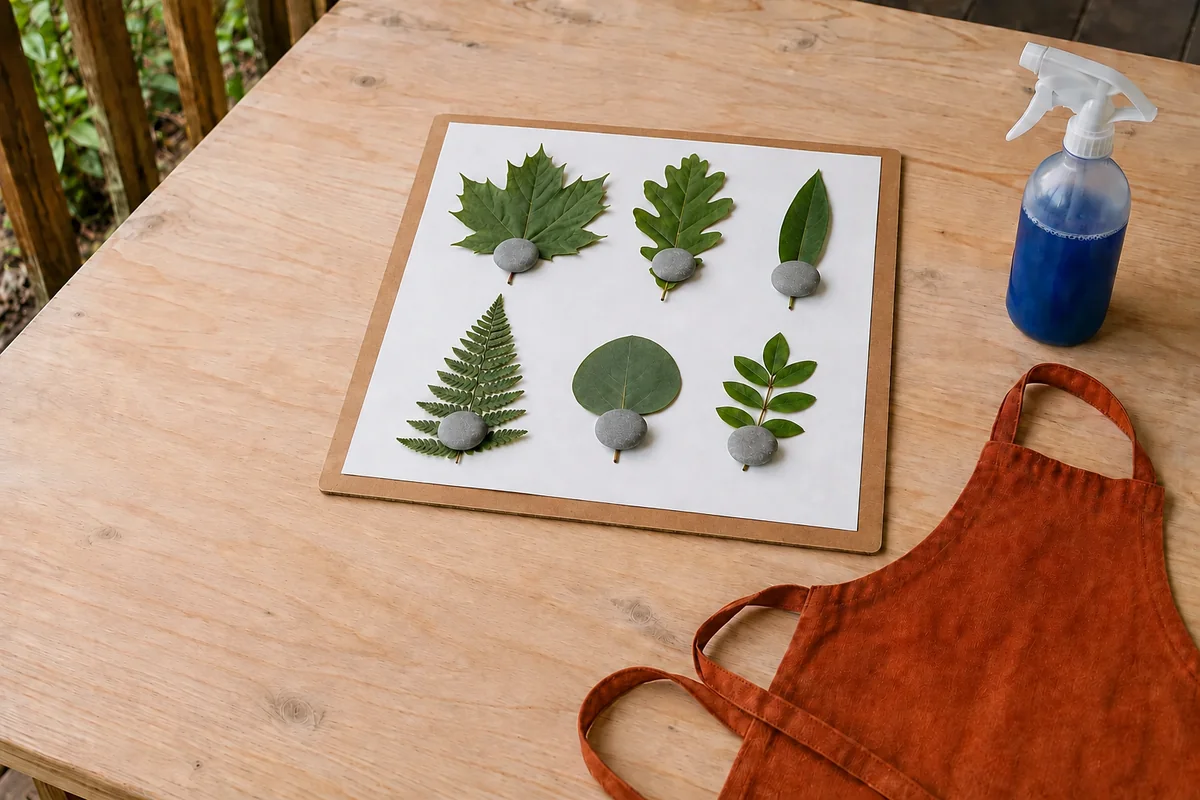 Étape 3 : végétaux espacés maintenus par galets, pour « Imprimer des silhouettes de feuilles au vaporisateur ».