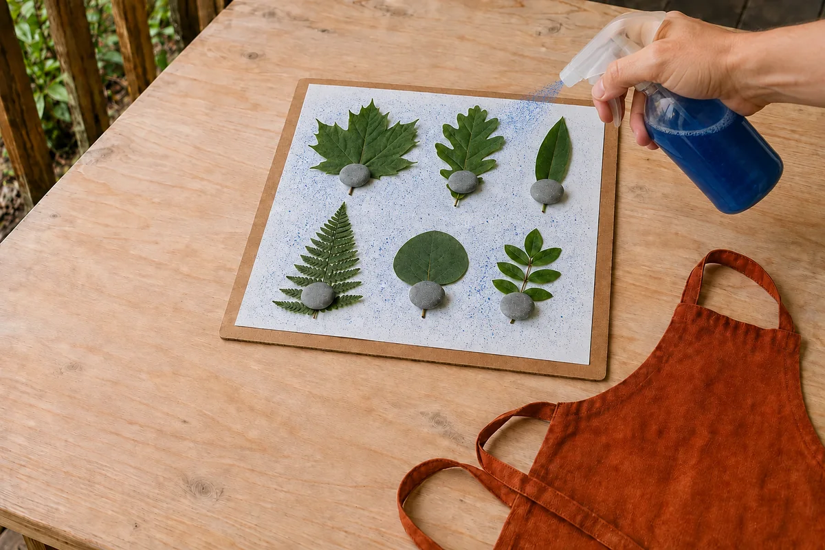 Étape 4 : brume colorée légère autour des contours, pour « Imprimer des silhouettes de feuilles au vaporisateur ».