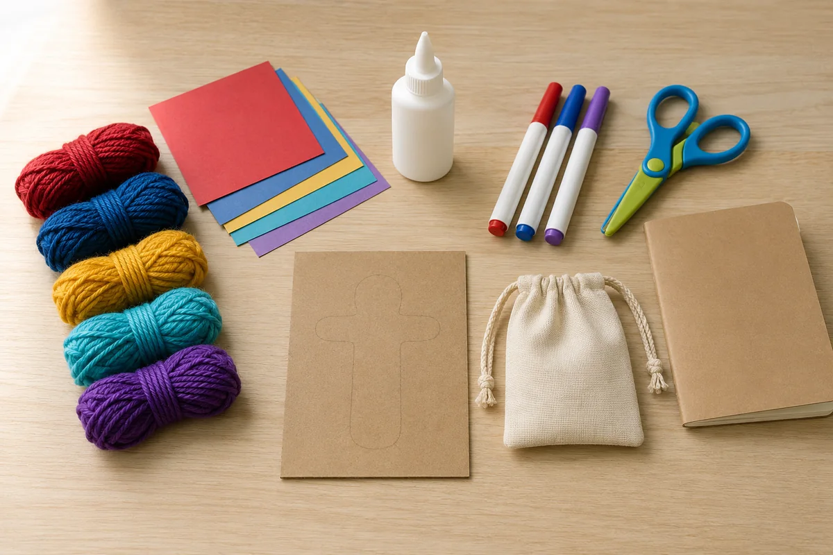 Étape 1 : brouillon culturel sans costume inventé ni affirmation magique, pour « Fabriquer une poupée à soucis guatémaltèque en carton et laine ».