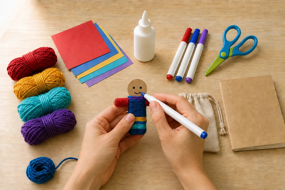 Étape 4 : visage minimal et vêtement de fils bien fixé, pour « Fabriquer une poupée à soucis guatémaltèque en carton et laine ».