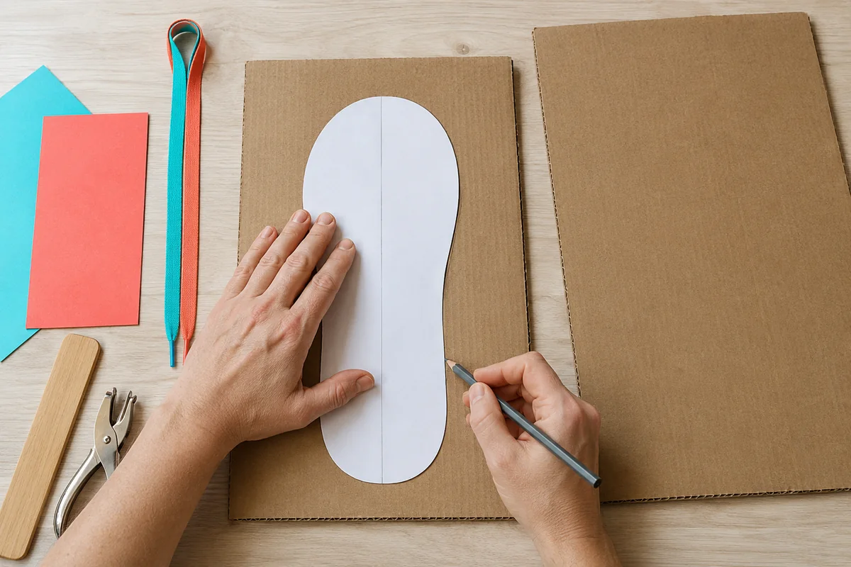 Étape 1 : silhouette de chaussure large avec ligne centrale, pour « Créer une chaussure d'apprentissage du laçage en carton ».