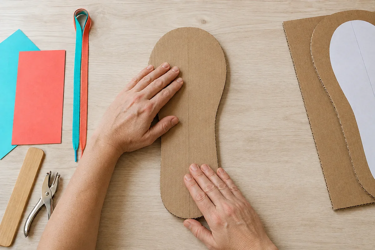 Étape 2 : deux couches collées à plat et pointe arrondie, pour « Créer une chaussure d'apprentissage du laçage en carton ».